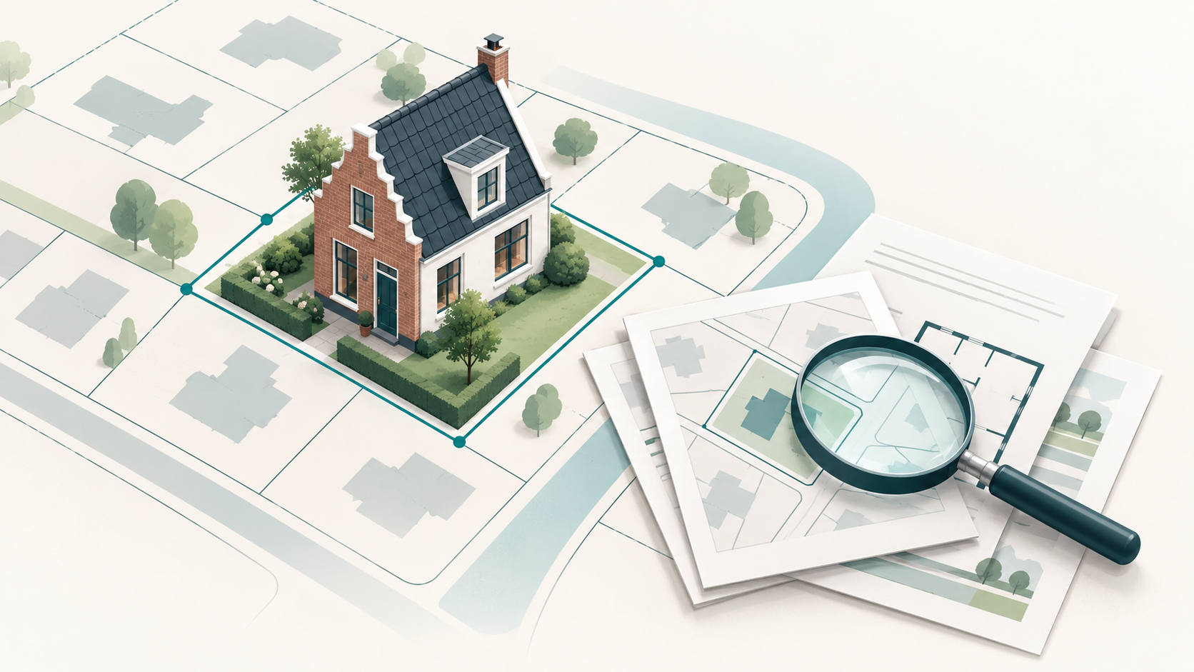 Schematische illustratie van een woning, perceelkaart en eigendomsdocumenten